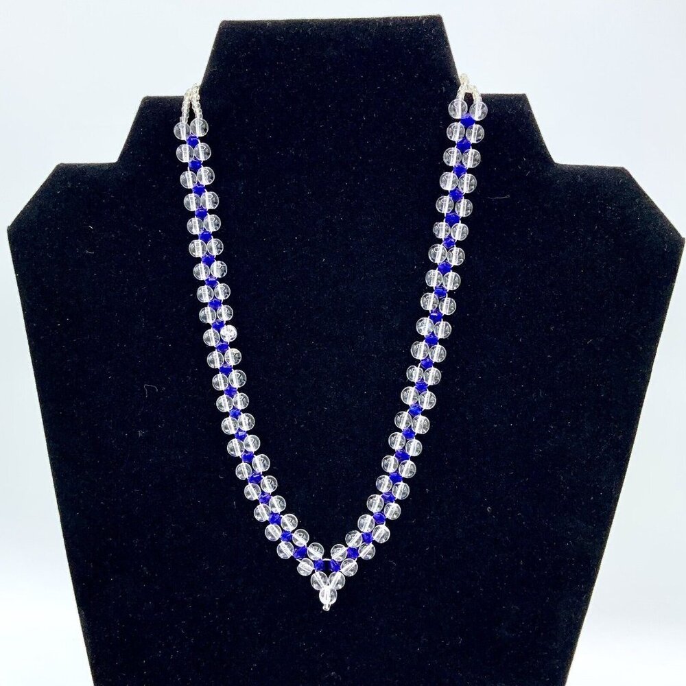 Vintage Small Clear Blue Crystal Glass Beaded Necklace W/ Box 16” Screw Closure